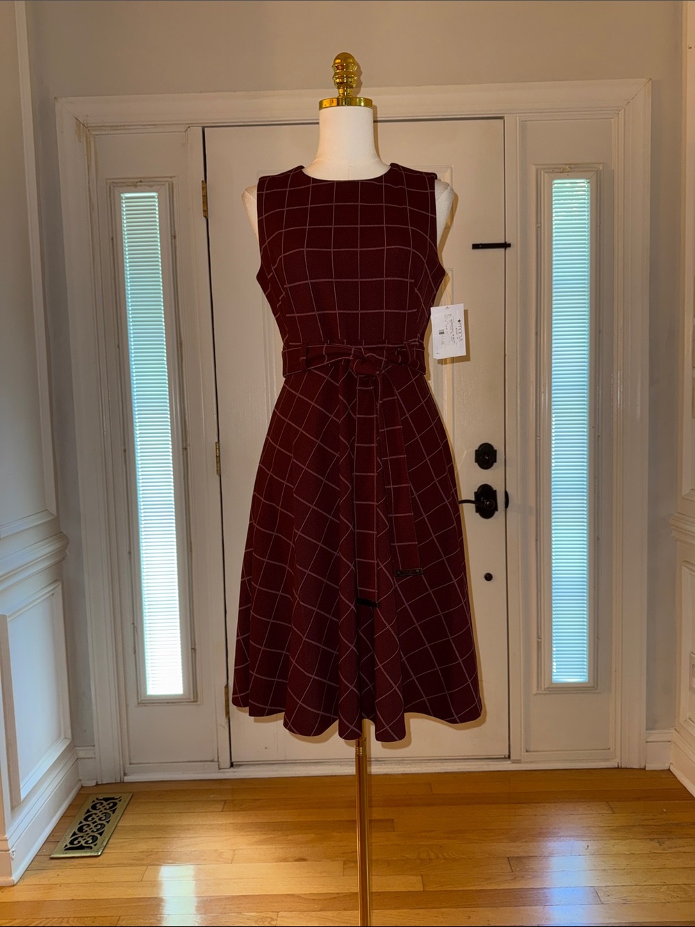 Calvin Klein Burgundy Windowpane Midi Dress with Tie Belt